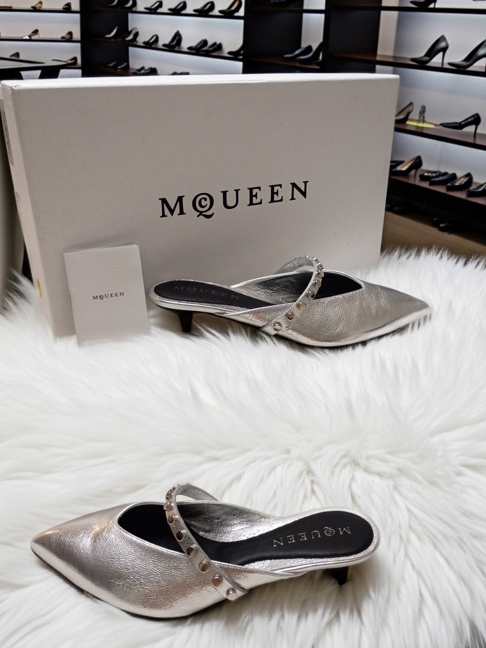 McQueen Silver City Pointed Toe Stud-Trim Mary Jane Mule Silver Calfskin 36